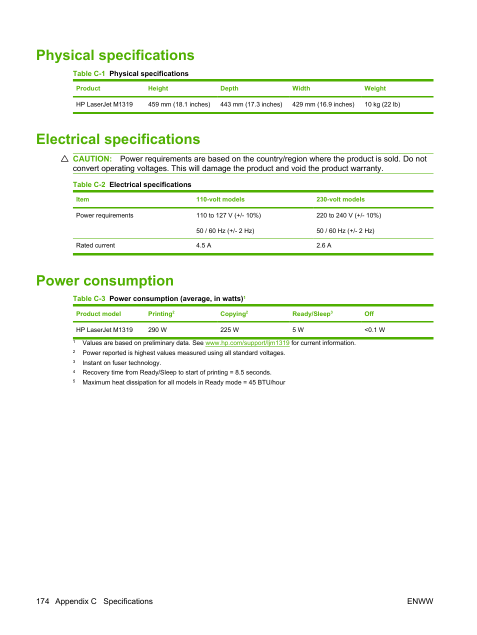 Physical specifications, Electrical specifications, Power consumption | HP LaserJet M1319f Multifunction Printer User Manual | Page 184 / 212