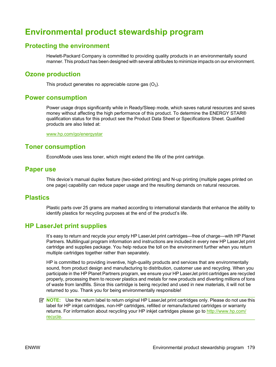 Environmental product stewardship program, Protecting the environment, Ozone production | Power consumption, Toner consumption, Paper use, Plastics, Hp laserjet print supplies | HP LaserJet M1319f Multifunction Printer User Manual | Page 189 / 212