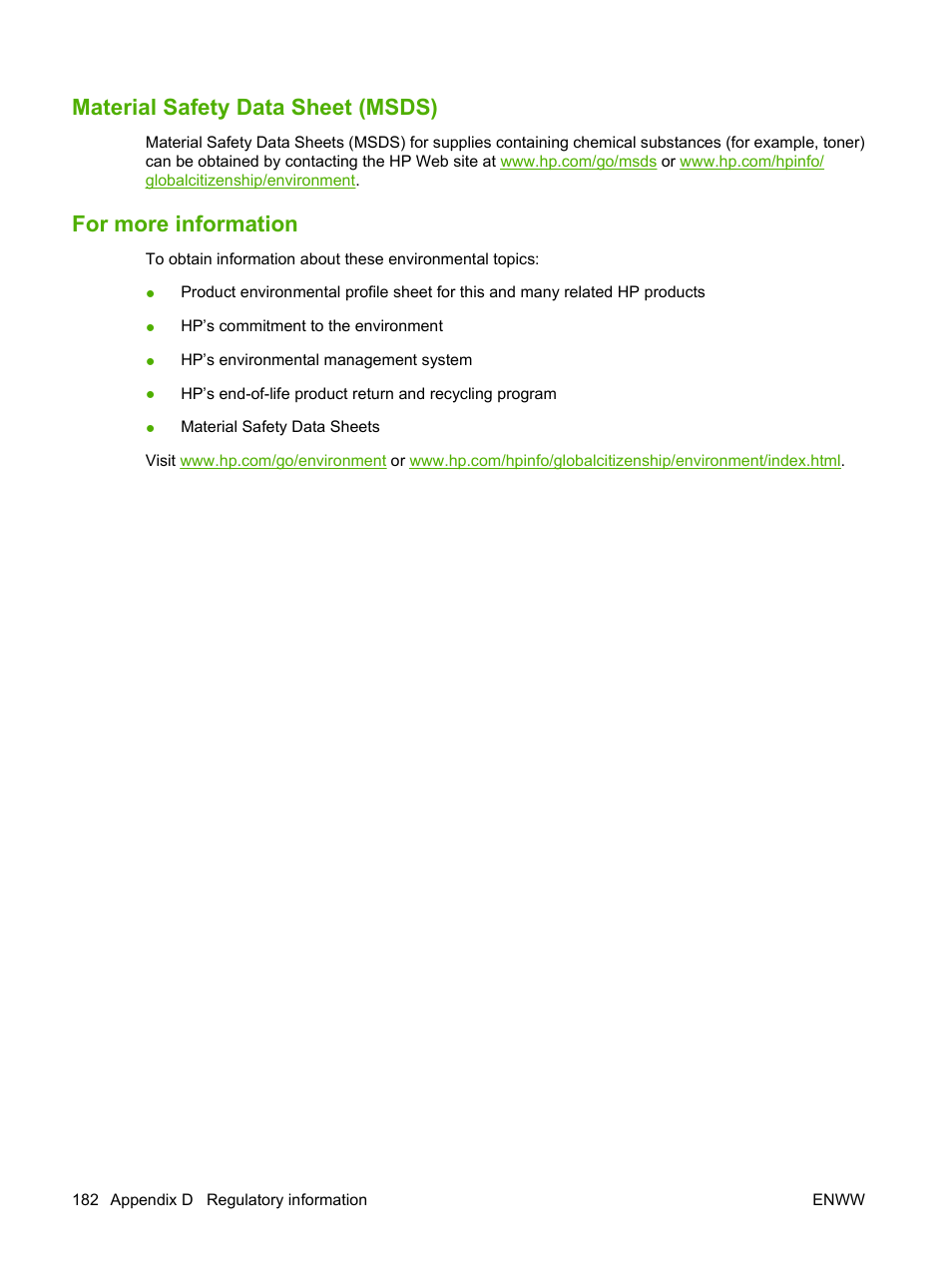 Material safety data sheet (msds), For more information | HP LaserJet M1319f Multifunction Printer User Manual | Page 192 / 212