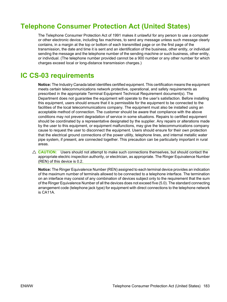 Telephone consumer protection act (united states), Ic cs-03 requirements | HP LaserJet M1319f Multifunction Printer User Manual | Page 193 / 212