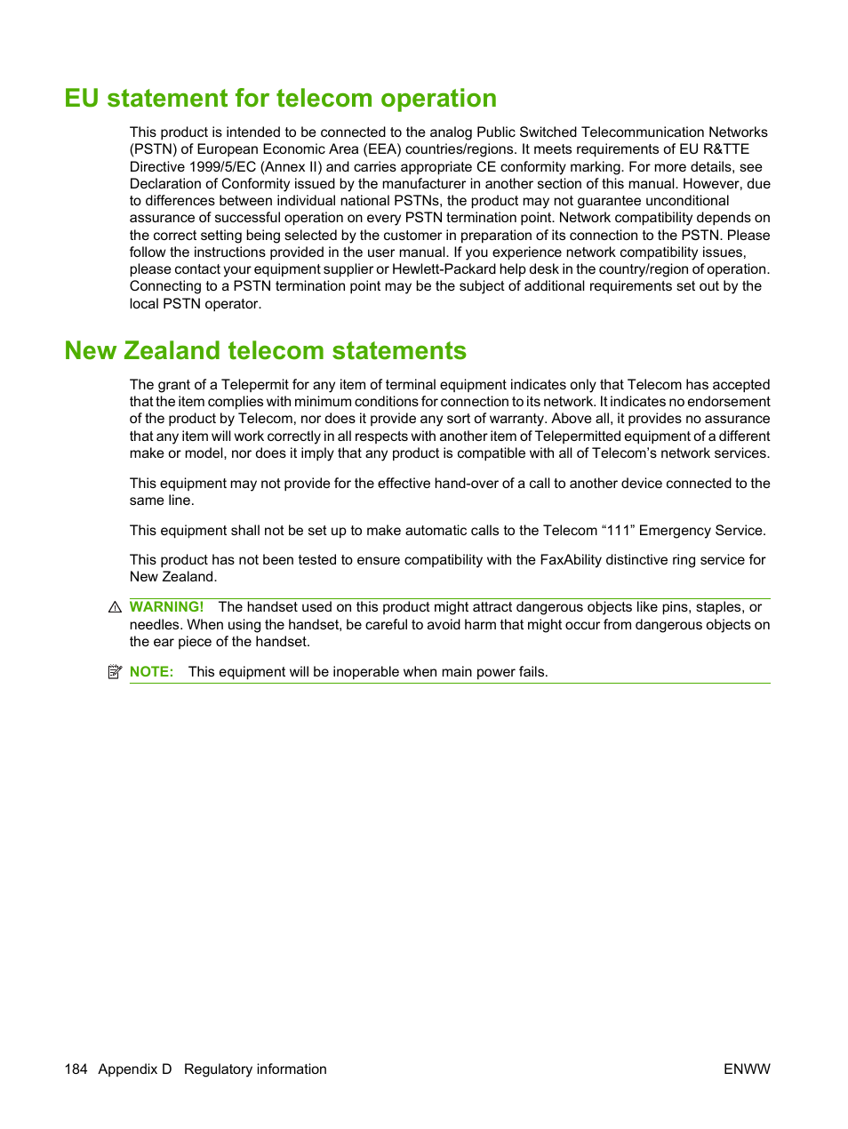 Eu statement for telecom operation, New zealand telecom statements | HP LaserJet M1319f Multifunction Printer User Manual | Page 194 / 212