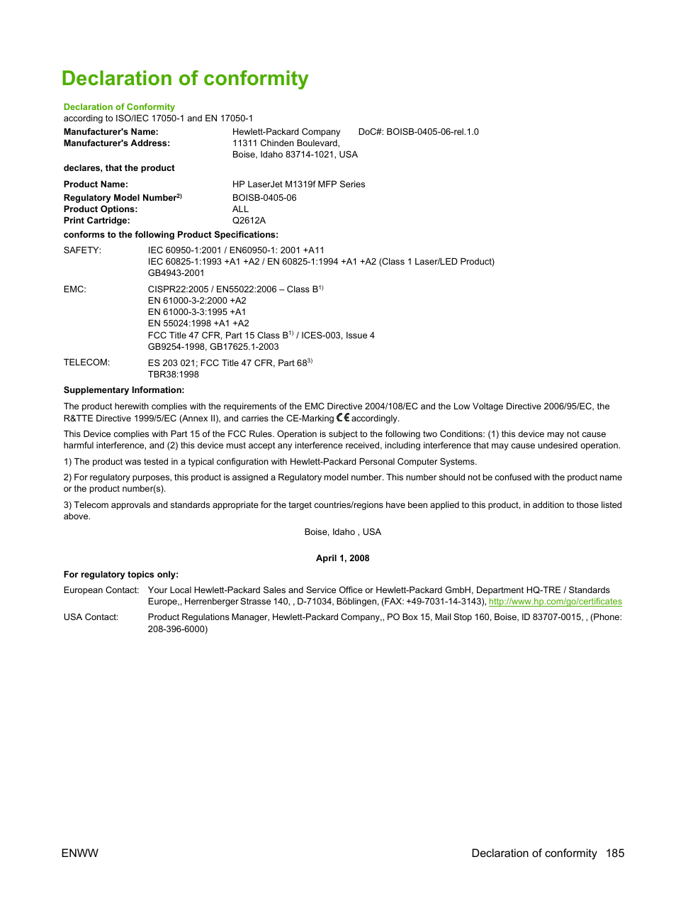 Declaration of conformity, Enww declaration of conformity 185 | HP LaserJet M1319f Multifunction Printer User Manual | Page 195 / 212