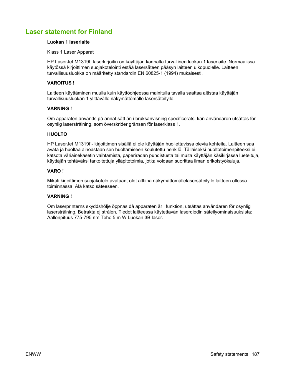 Laser statement for finland | HP LaserJet M1319f Multifunction Printer User Manual | Page 197 / 212