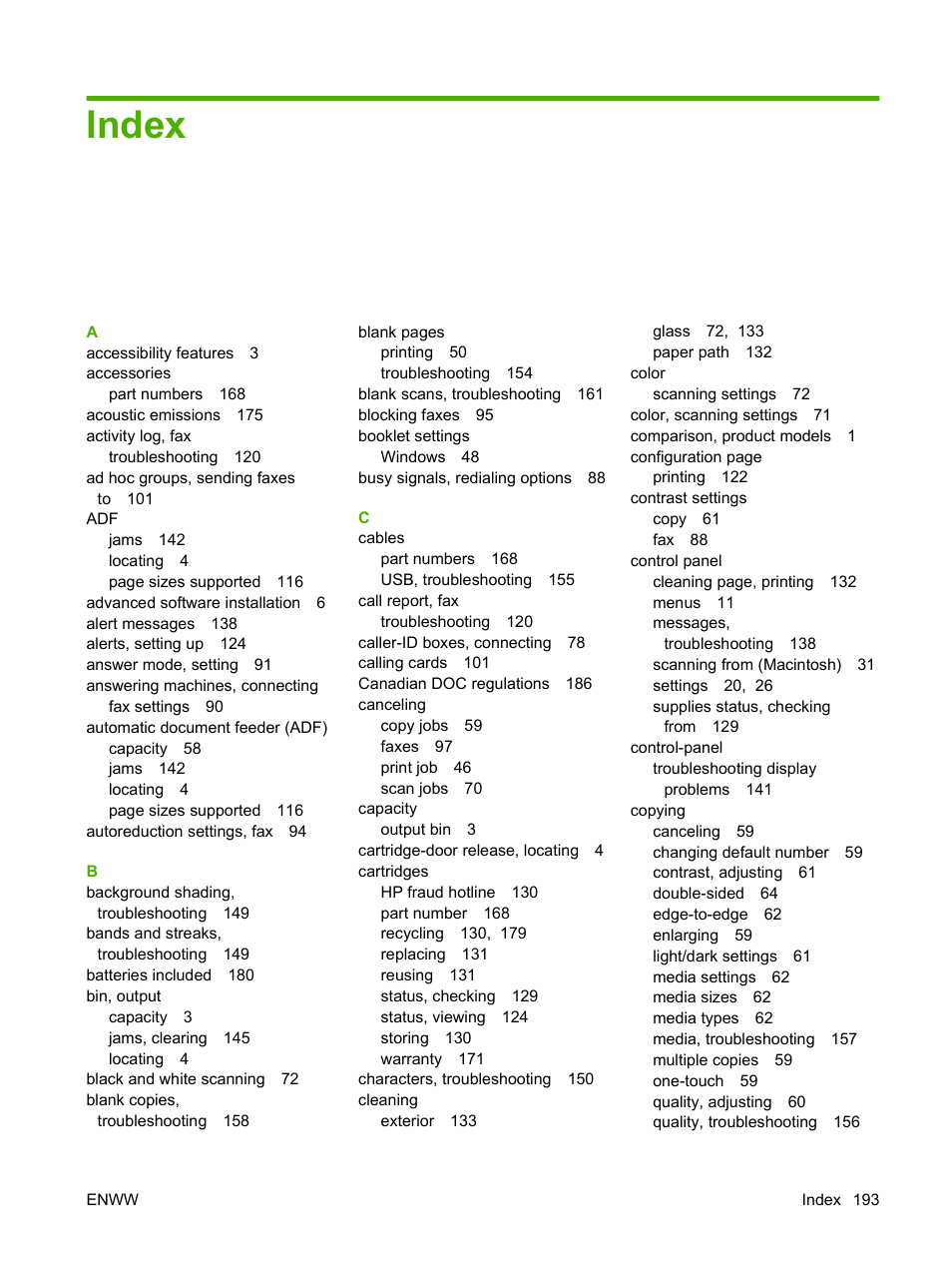 Index | HP LaserJet M1319f Multifunction Printer User Manual | Page 203 / 212