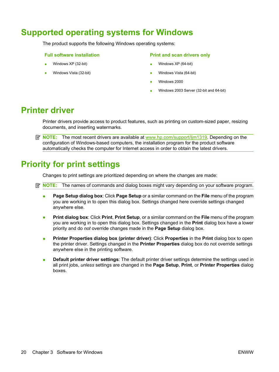 Supported operating systems for windows, Printer driver, Priority for print settings | HP LaserJet M1319f Multifunction Printer User Manual | Page 30 / 212