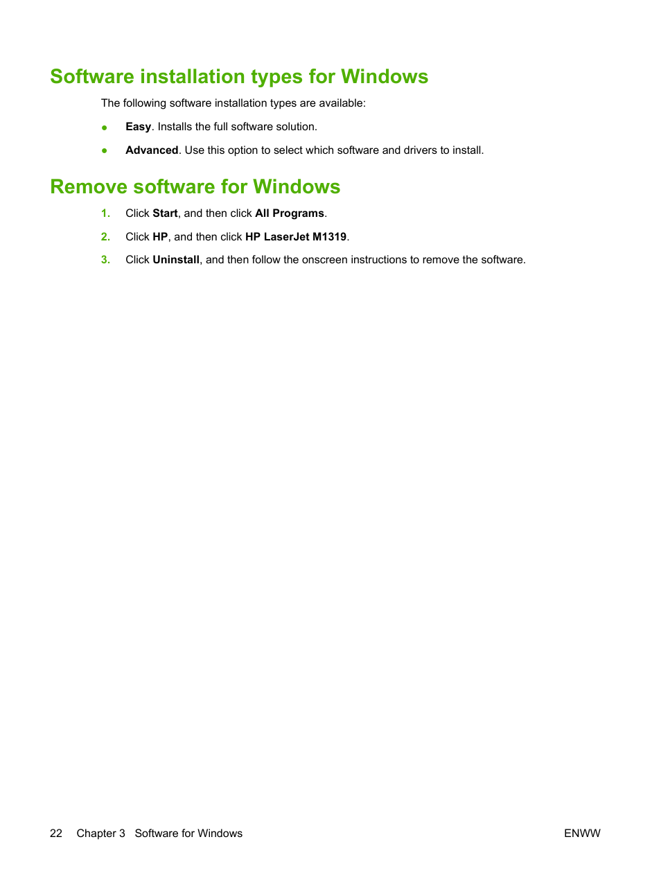 Software installation types for windows, Remove software for windows | HP LaserJet M1319f Multifunction Printer User Manual | Page 32 / 212