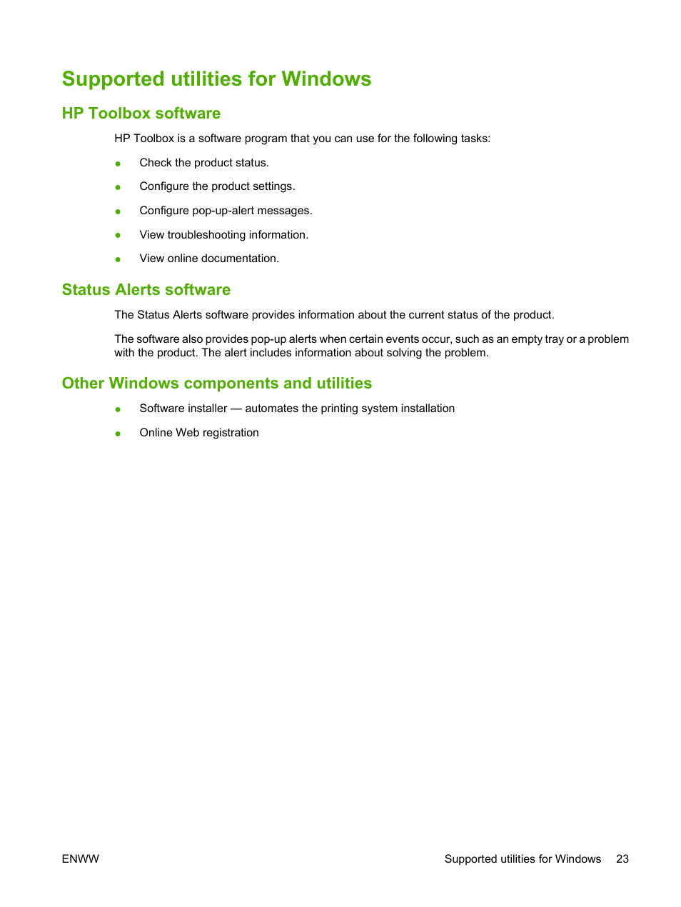 Supported utilities for windows, Hp toolbox software, Status alerts software | Other windows components and utilities | HP LaserJet M1319f Multifunction Printer User Manual | Page 33 / 212