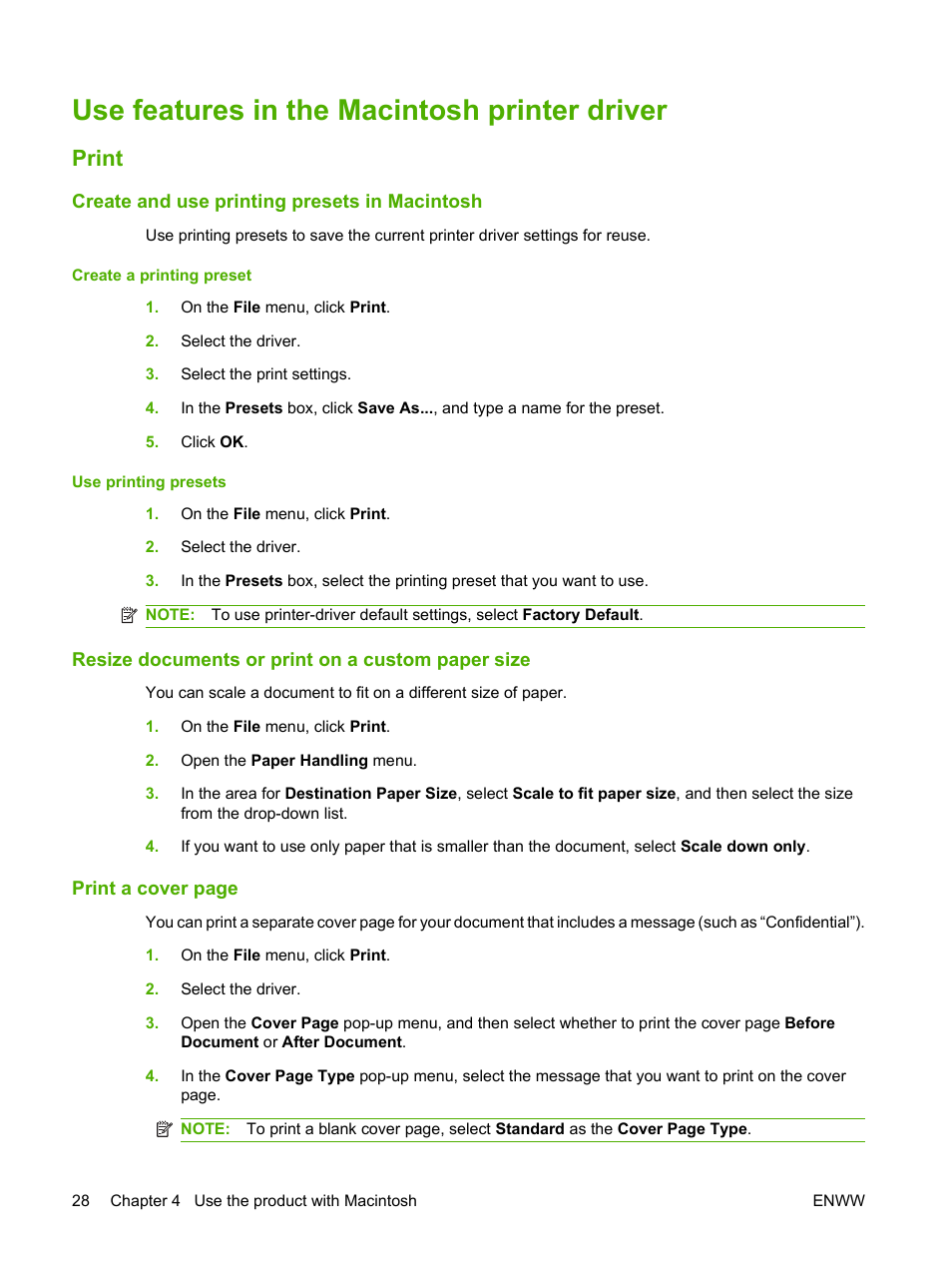 Use features in the macintosh printer driver, Print, Create and use printing presets in macintosh | Resize documents or print on a custom paper size | HP LaserJet M1319f Multifunction Printer User Manual | Page 38 / 212