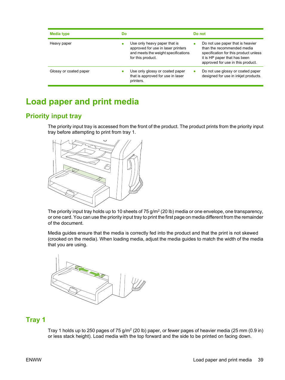 Load paper and print media, Priority input tray, Tray 1 | Priority input tray tray 1 | HP LaserJet M1319f Multifunction Printer User Manual | Page 49 / 212