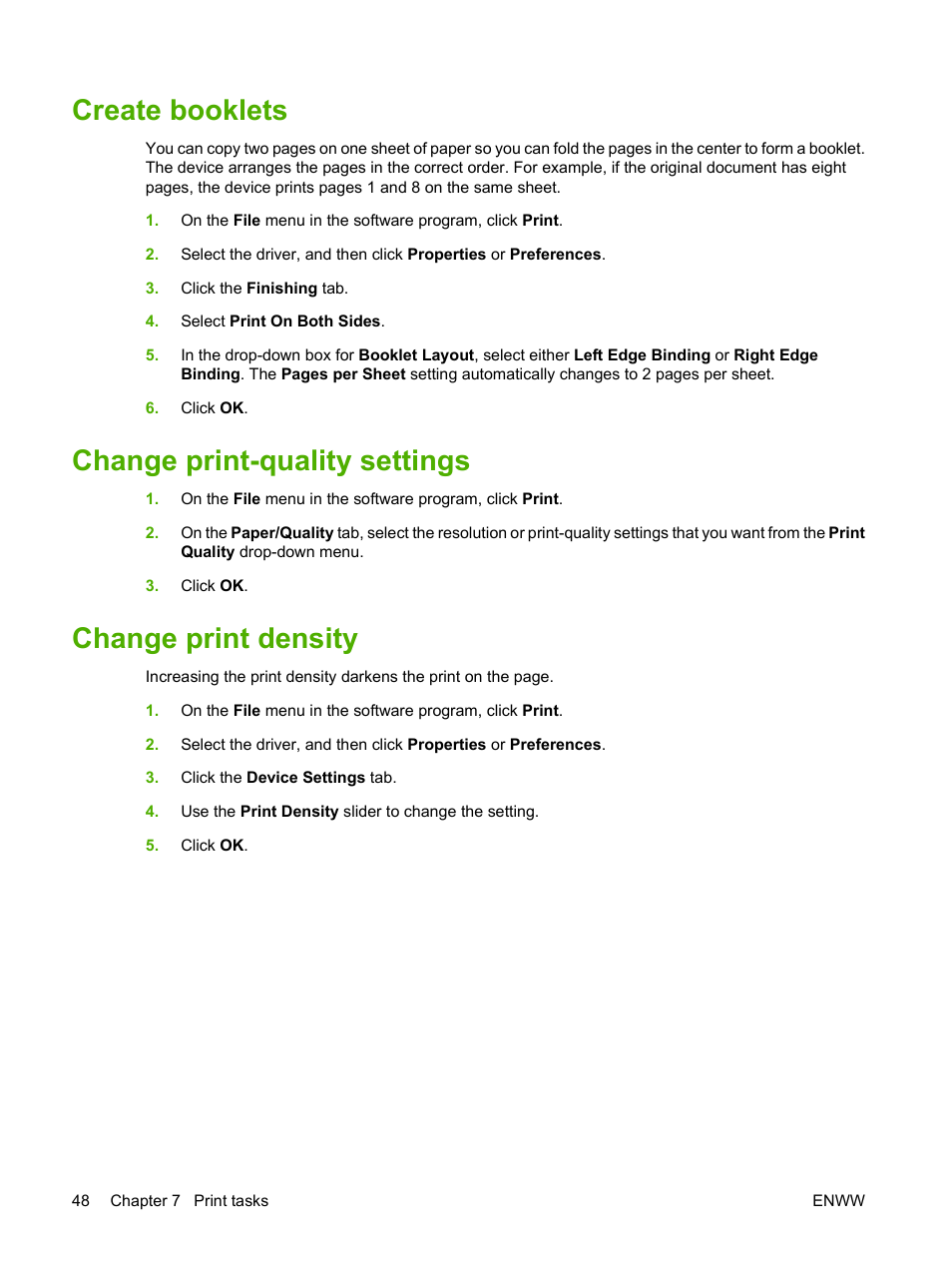 Create booklets, Change print-quality settings, Change print density | HP LaserJet M1319f Multifunction Printer User Manual | Page 58 / 212