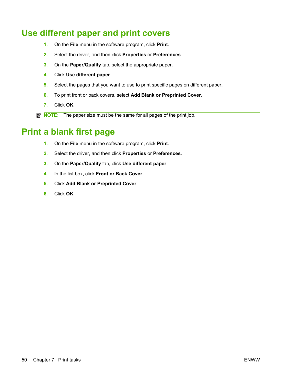 Use different paper and print covers, Print a blank first page | HP LaserJet M1319f Multifunction Printer User Manual | Page 60 / 212