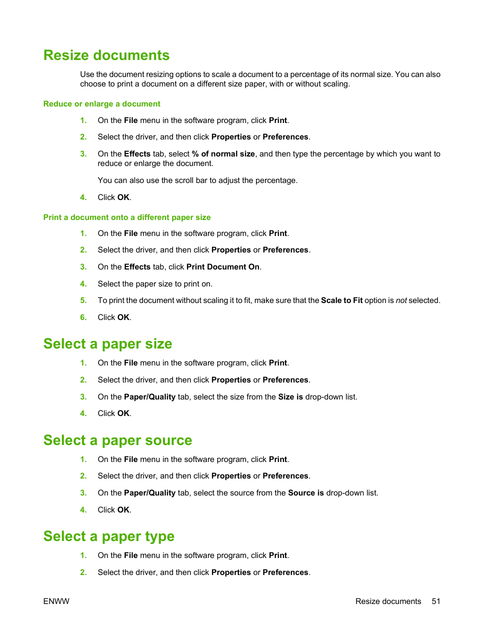 Resize documents, Select a paper size, Select a paper source | Select a paper type | HP LaserJet M1319f Multifunction Printer User Manual | Page 61 / 212