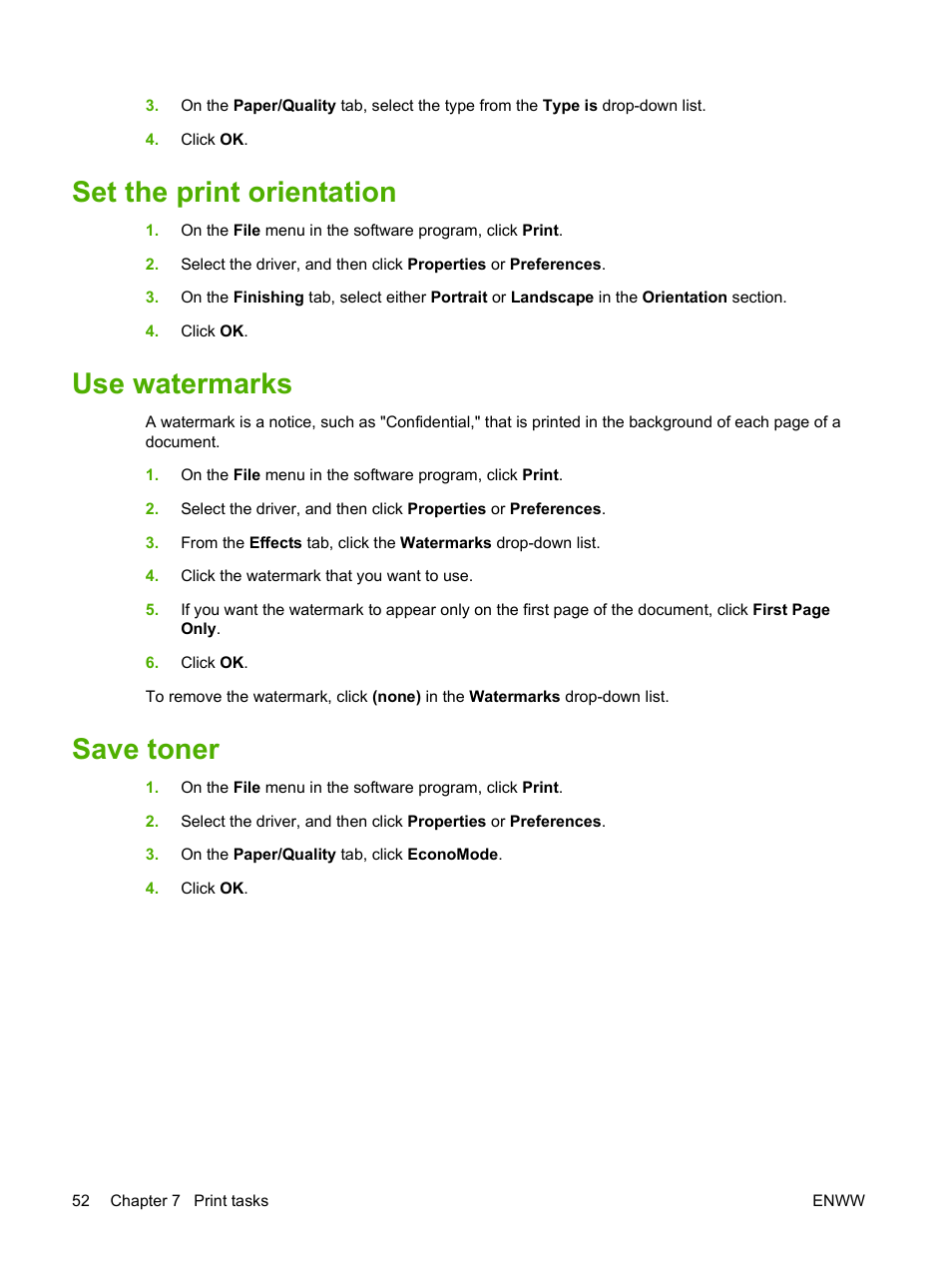 Set the print orientation, Use watermarks, Save toner | HP LaserJet M1319f Multifunction Printer User Manual | Page 62 / 212