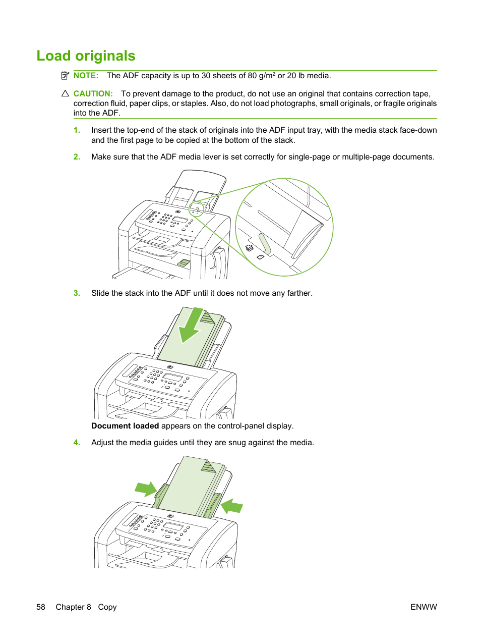 Load originals | HP LaserJet M1319f Multifunction Printer User Manual | Page 68 / 212