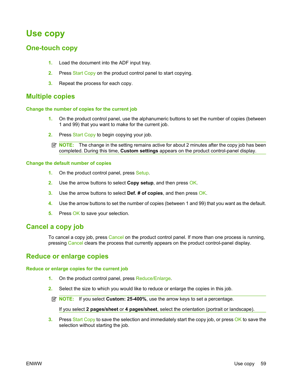 Use copy, One-touch copy, Multiple copies | Cancel a copy job, Reduce or enlarge copies | HP LaserJet M1319f Multifunction Printer User Manual | Page 69 / 212