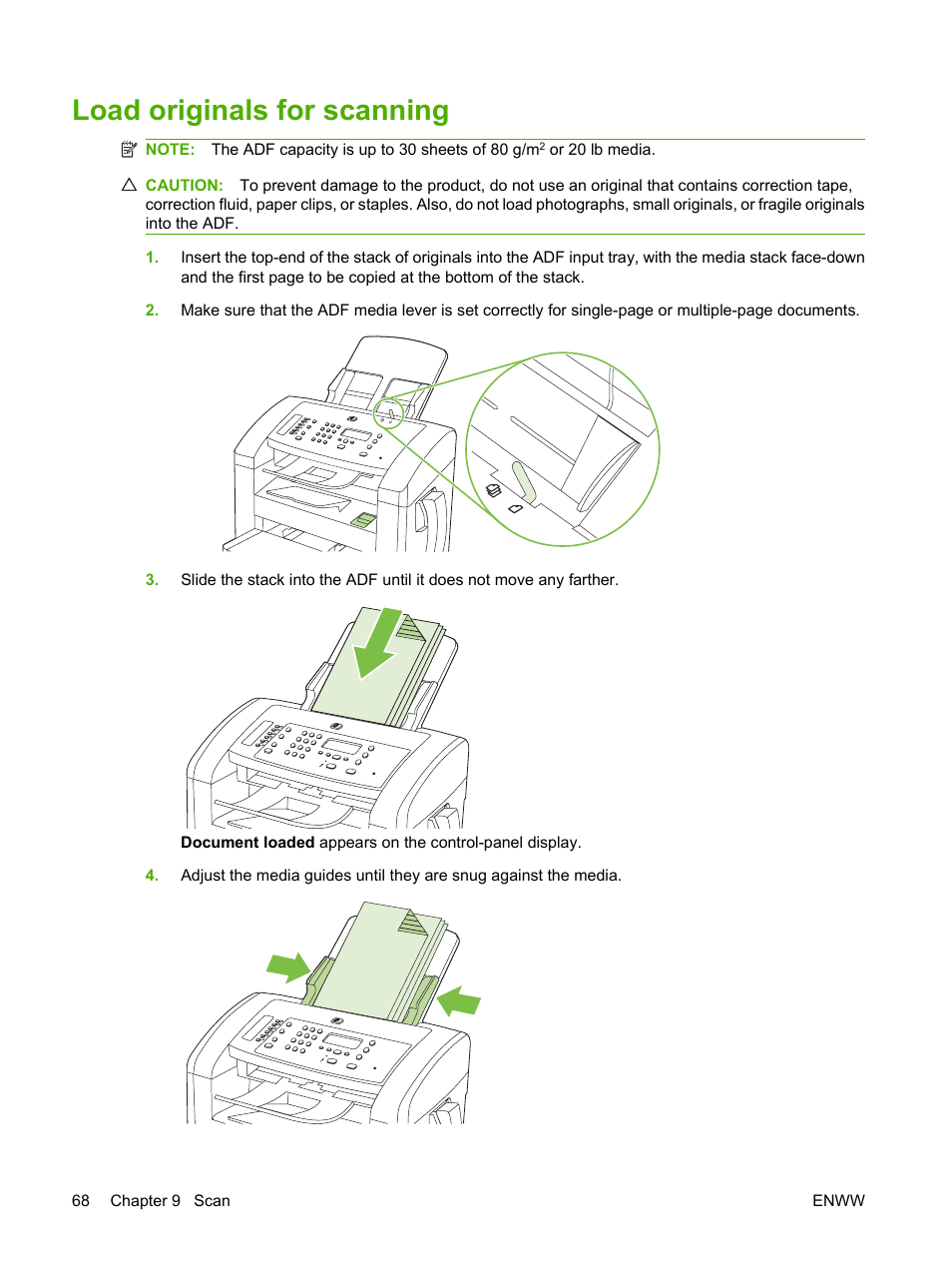 Load originals for scanning | HP LaserJet M1319f Multifunction Printer User Manual | Page 78 / 212