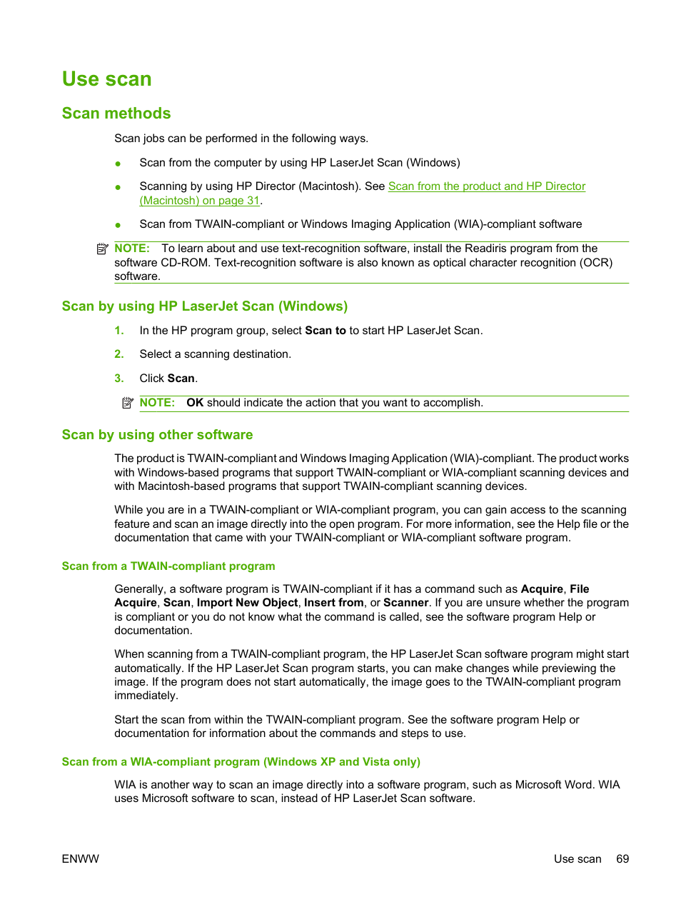 Use scan, Scan methods, Scan by using hp laserjet scan (windows) | Scan by using other software, Scan from a twain-compliant program | HP LaserJet M1319f Multifunction Printer User Manual | Page 79 / 212