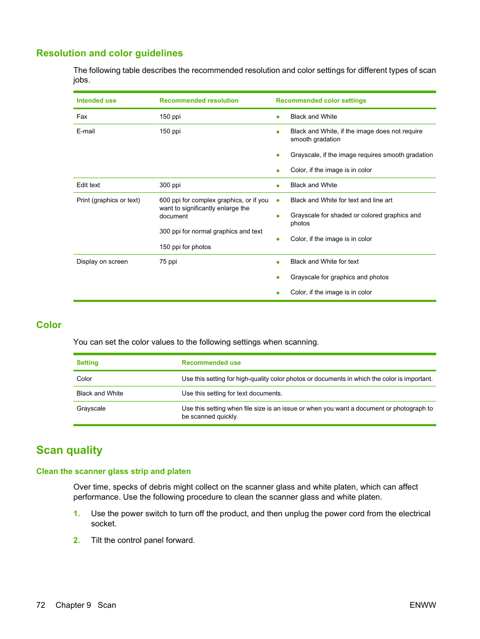 Resolution and color guidelines, Color, Scan quality | HP LaserJet M1319f Multifunction Printer User Manual | Page 82 / 212