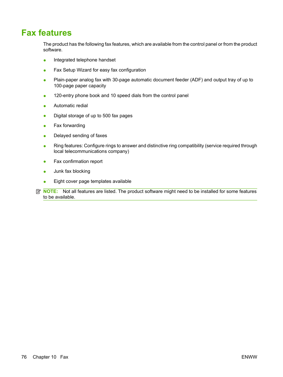 Fax features | HP LaserJet M1319f Multifunction Printer User Manual | Page 86 / 212