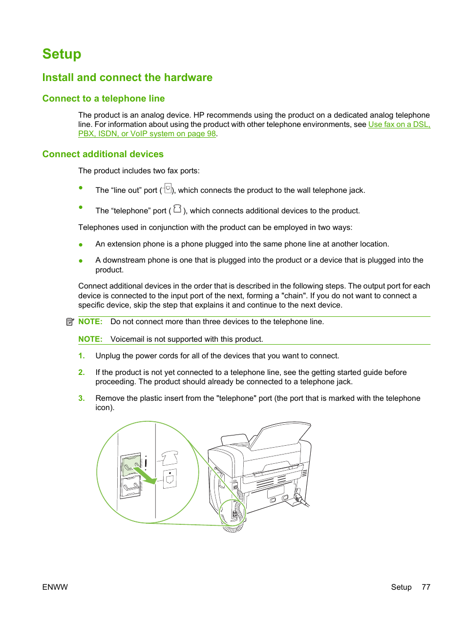 Setup, Install and connect the hardware, Connect to a telephone line | Connect additional devices | HP LaserJet M1319f Multifunction Printer User Manual | Page 87 / 212