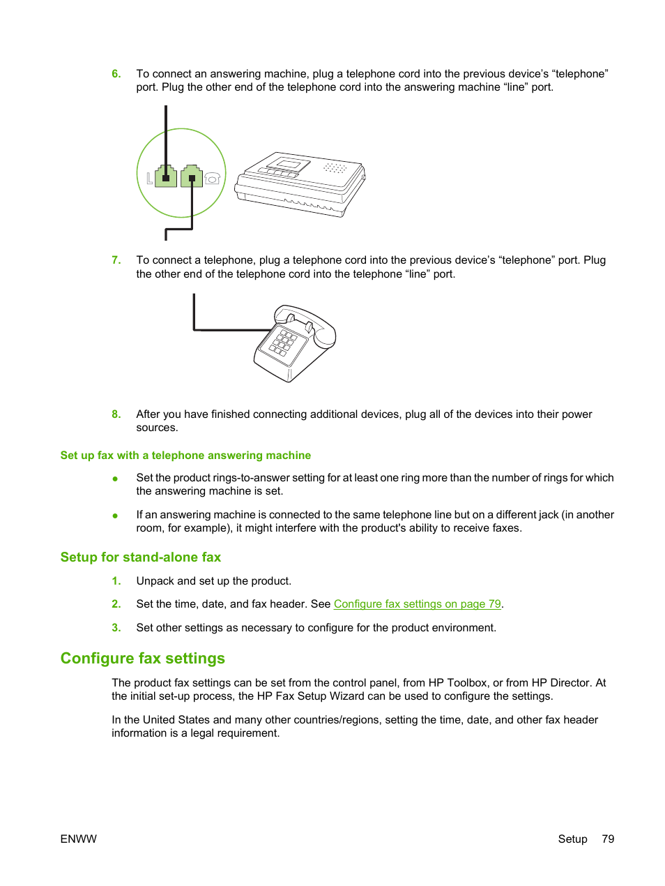 Set up fax with a telephone answering machine, Setup for stand-alone fax, Configure fax settings | HP LaserJet M1319f Multifunction Printer User Manual | Page 89 / 212