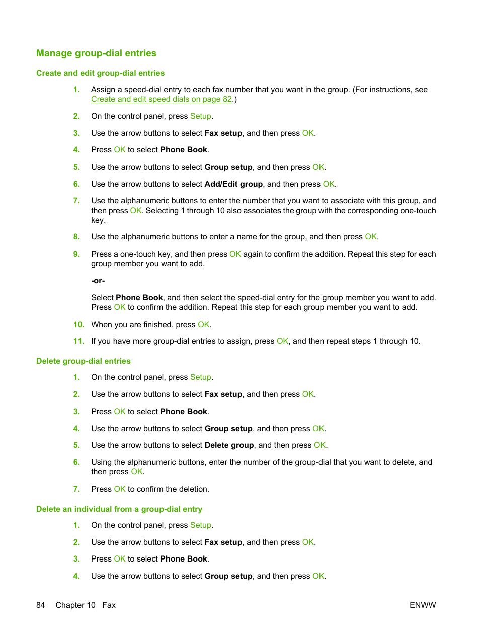 Manage group-dial entries, Create and edit group-dial entries, Delete group-dial entries | Delete an individual from a group-dial entry | HP LaserJet M1319f Multifunction Printer User Manual | Page 94 / 212