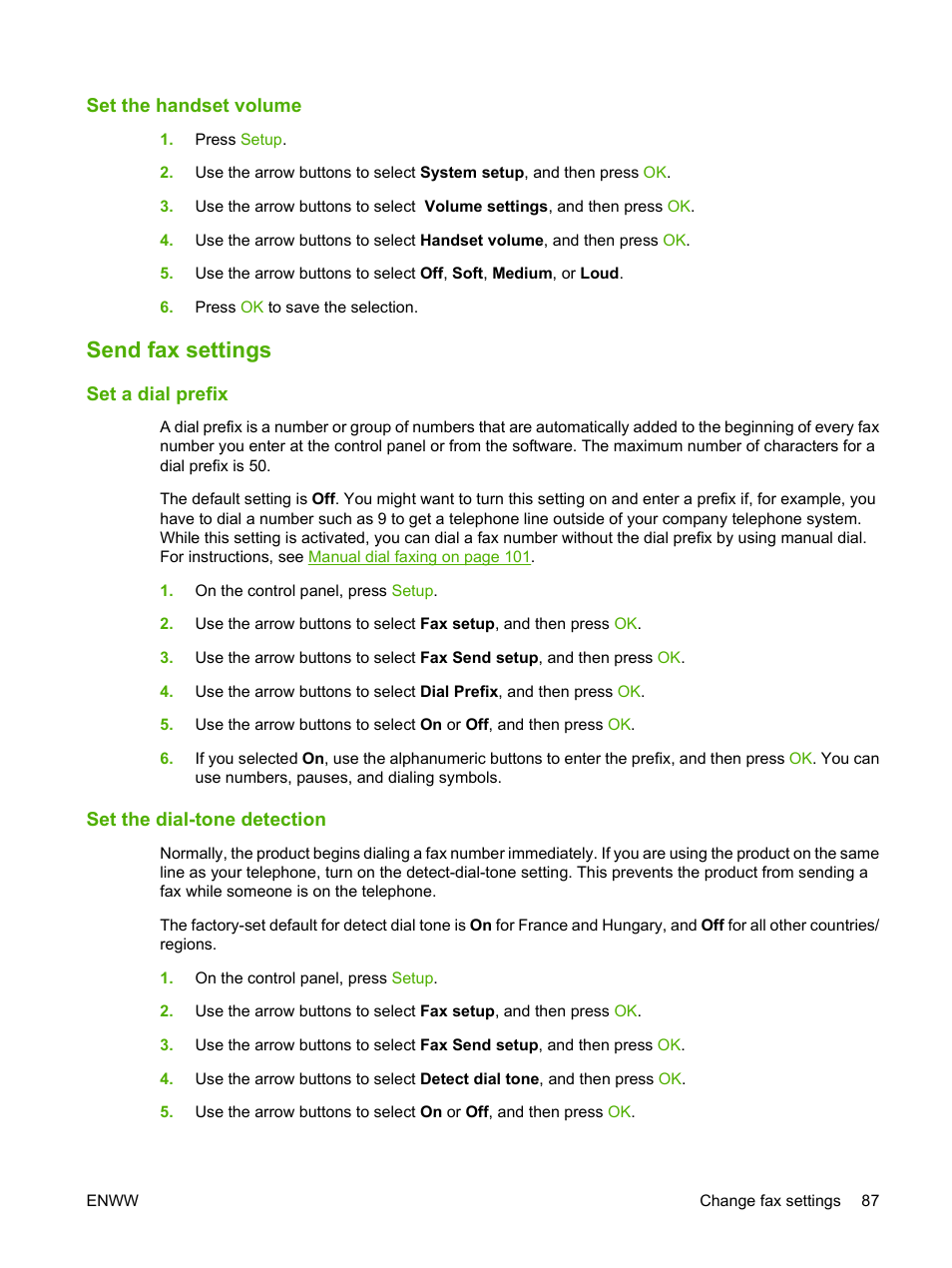 Set the handset volume, Send fax settings, Set a dial prefix | Set the dial-tone detection | HP LaserJet M1319f Multifunction Printer User Manual | Page 97 / 212