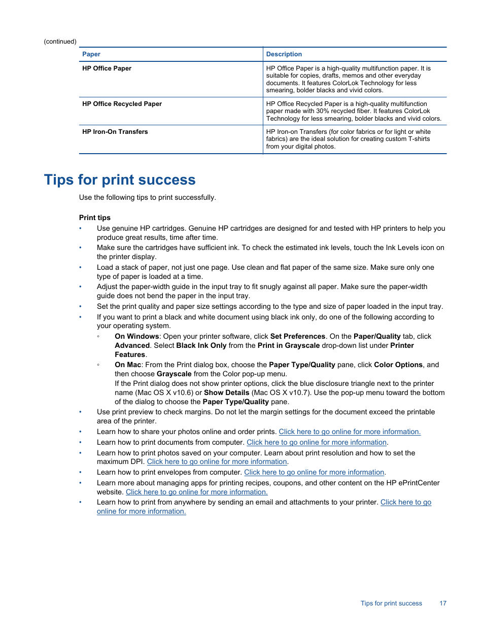 Tips for print success | HP Photosmart 7520 e-All-in-One Printer User Manual | Page 19 / 102