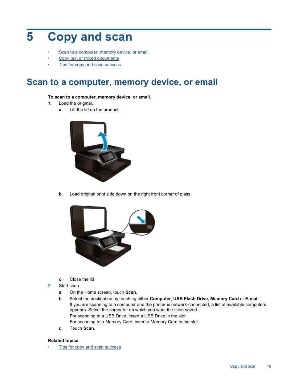 Copy and scan, Scan to a computer, memory device, or email, 5copy and scan | HP Photosmart 7520 e-All-in-One Printer User Manual | Page 21 / 102