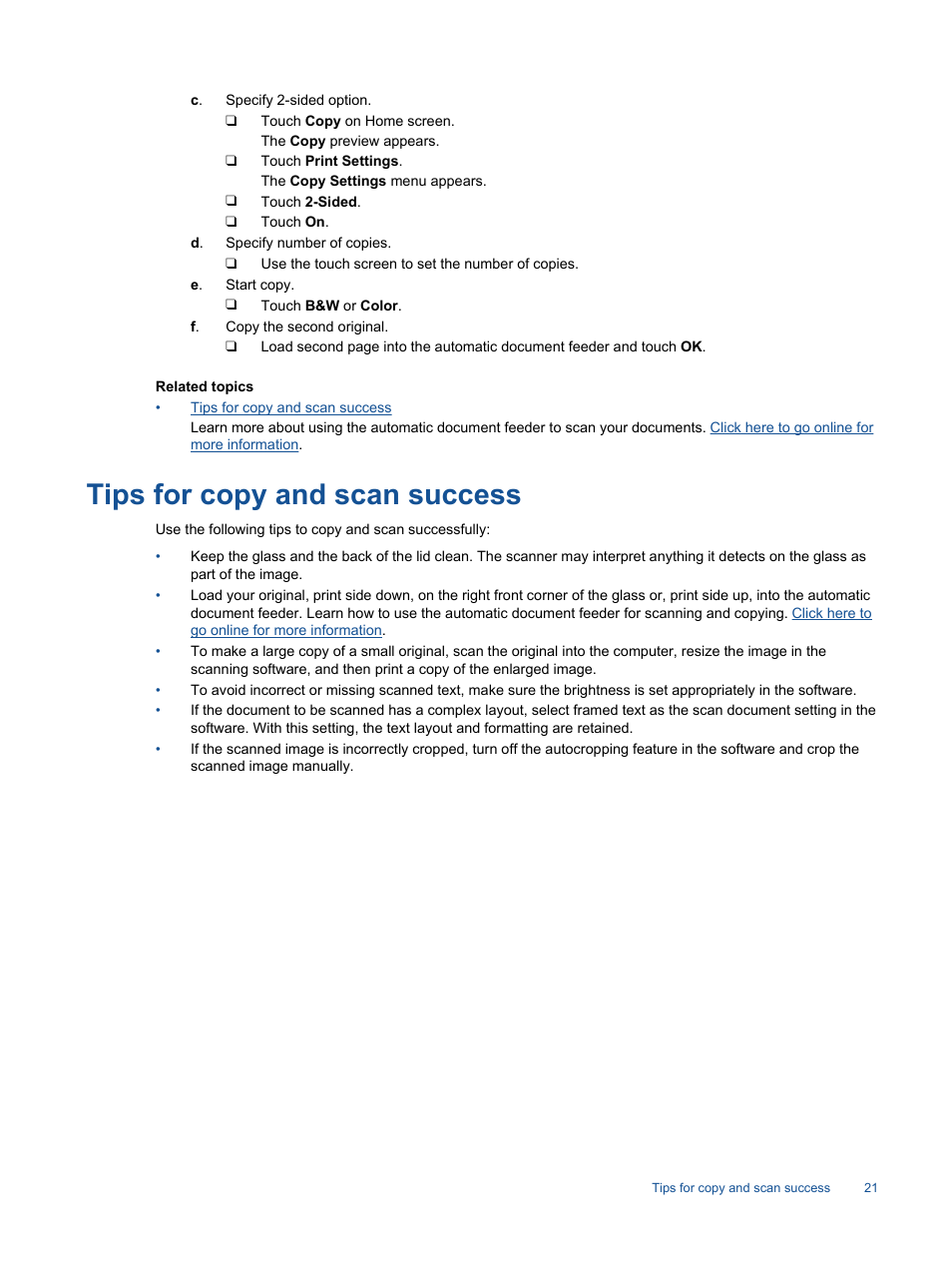 Tips for copy and scan success | HP Photosmart 7520 e-All-in-One Printer User Manual | Page 23 / 102