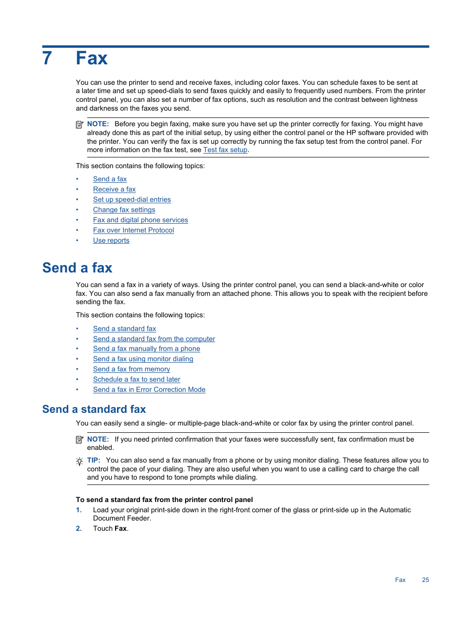 Send a fax, Send a standard fax, 7fax | HP Photosmart 7520 e-All-in-One Printer User Manual | Page 27 / 102