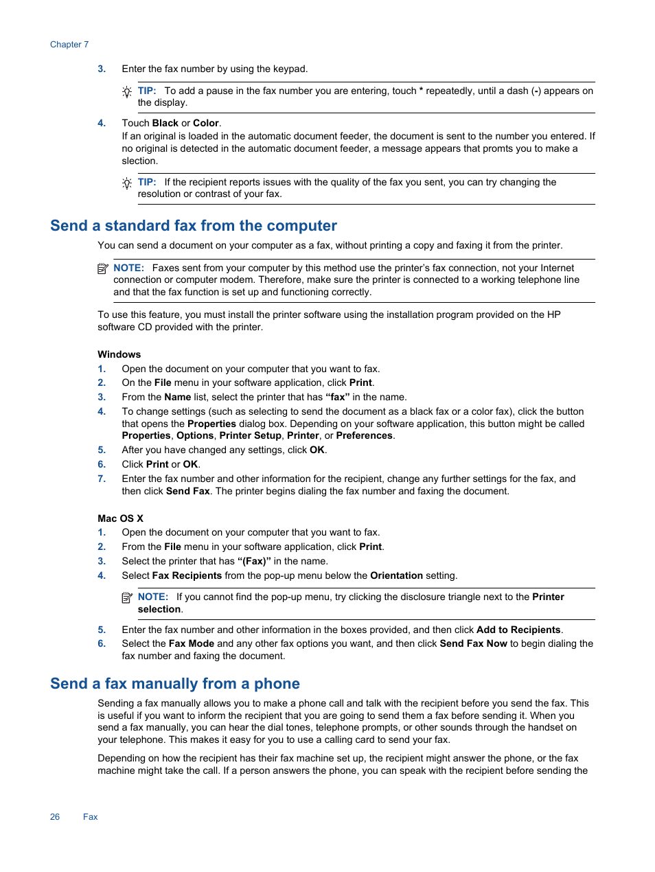 Send a standard fax from the computer, Send a fax manually from a phone | HP Photosmart 7520 e-All-in-One Printer User Manual | Page 28 / 102