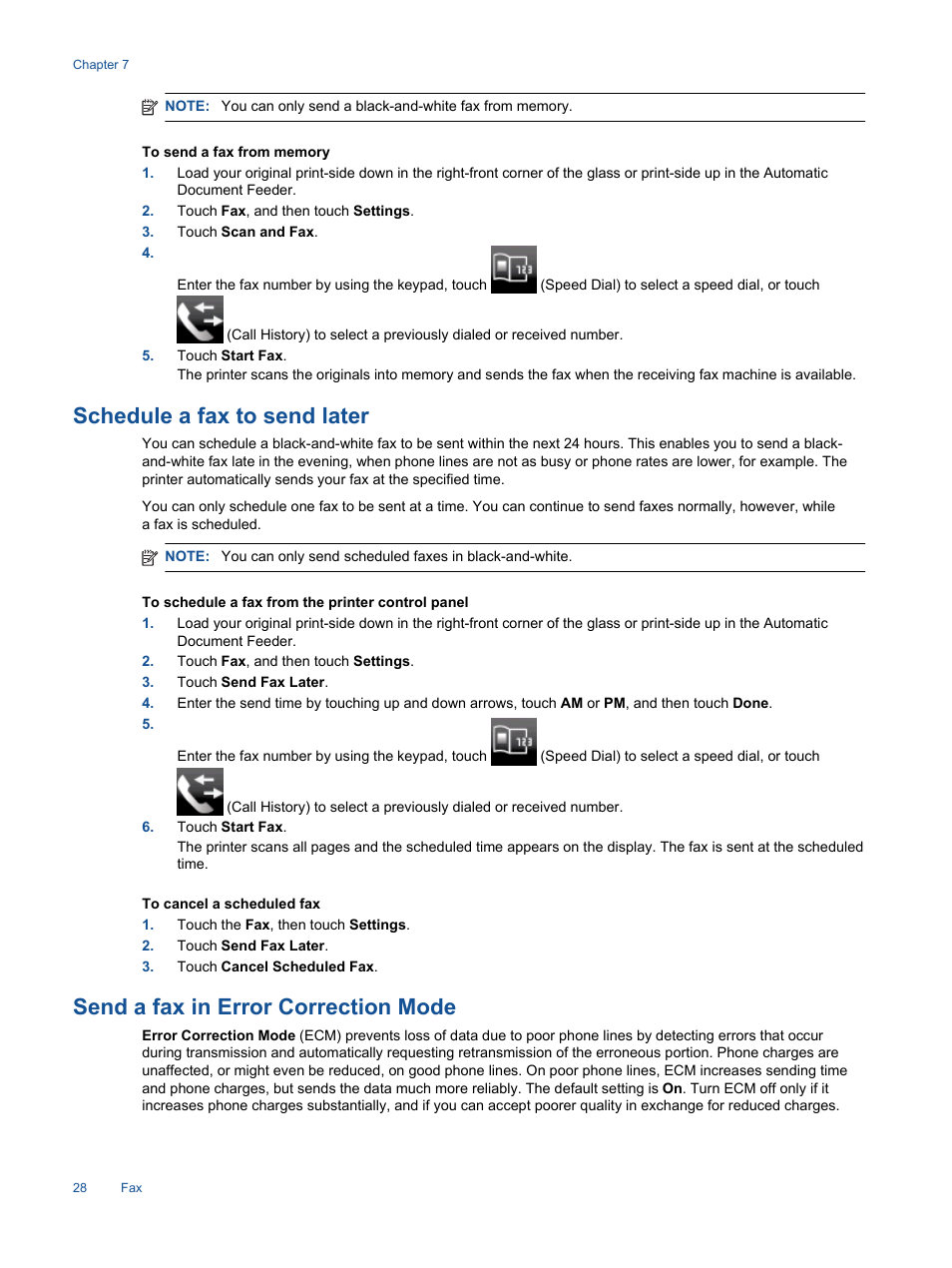 Schedule a fax to send later, Send a fax in error correction mode | HP Photosmart 7520 e-All-in-One Printer User Manual | Page 30 / 102