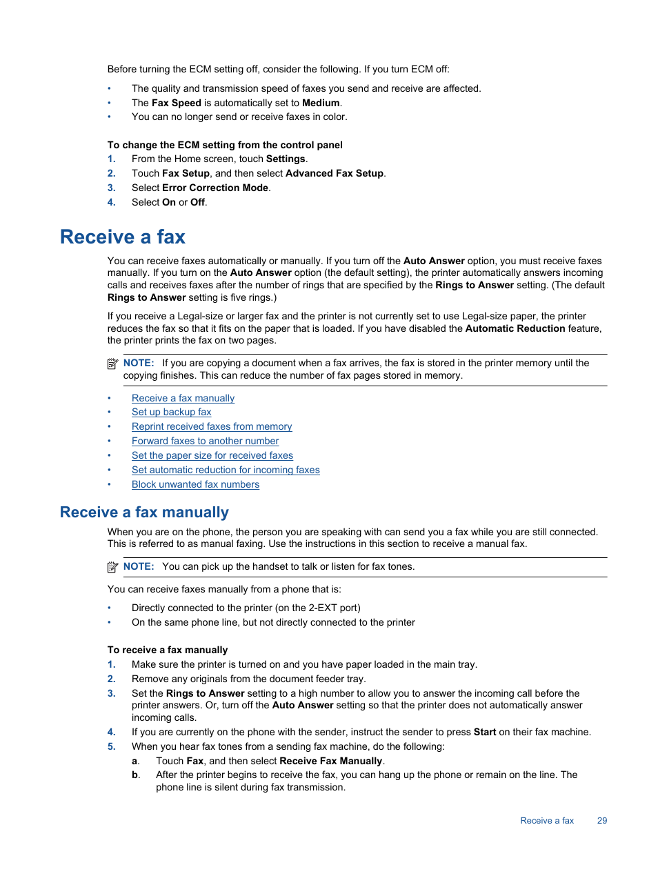 Receive a fax, Receive a fax manually | HP Photosmart 7520 e-All-in-One Printer User Manual | Page 31 / 102