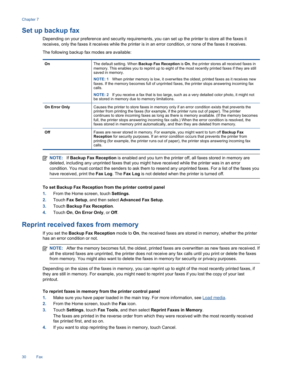 Set up backup fax, Reprint received faxes from memory | HP Photosmart 7520 e-All-in-One Printer User Manual | Page 32 / 102