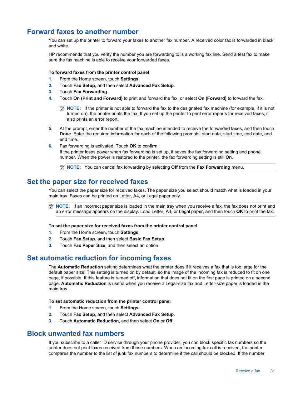 Forward faxes to another number, Set the paper size for received faxes, Set automatic reduction for incoming faxes | Block unwanted fax numbers | HP Photosmart 7520 e-All-in-One Printer User Manual | Page 33 / 102