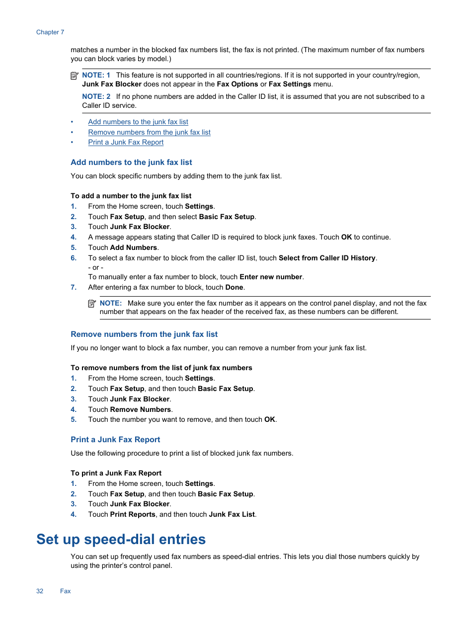 Add numbers to the junk fax list, Remove numbers from the junk fax list, Print a junk fax report | Set up speed-dial entries | HP Photosmart 7520 e-All-in-One Printer User Manual | Page 34 / 102