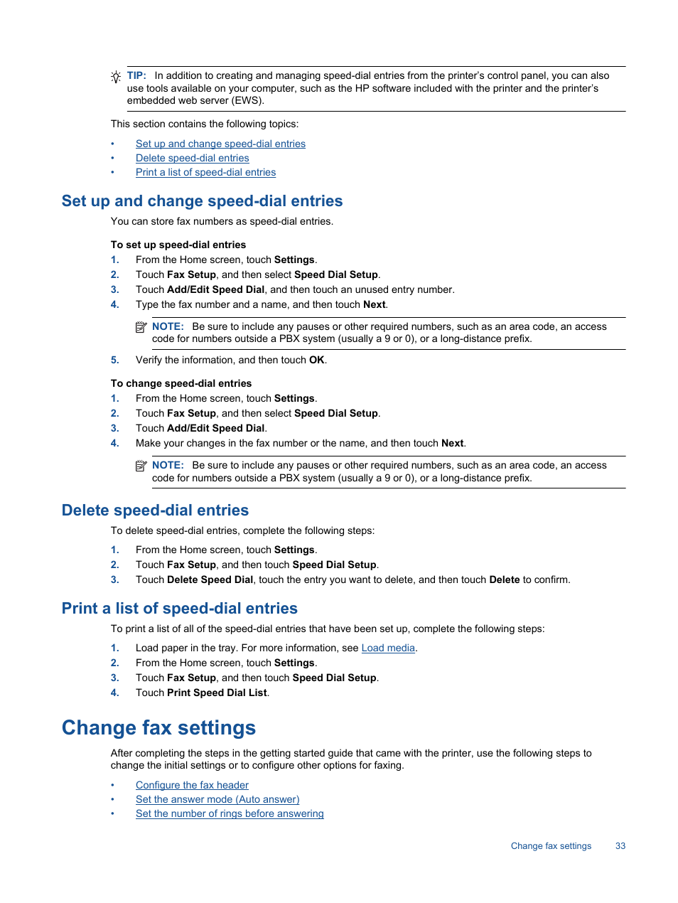 Set up and change speed-dial entries, Delete speed-dial entries, Print a list of speed-dial entries | Change fax settings | HP Photosmart 7520 e-All-in-One Printer User Manual | Page 35 / 102