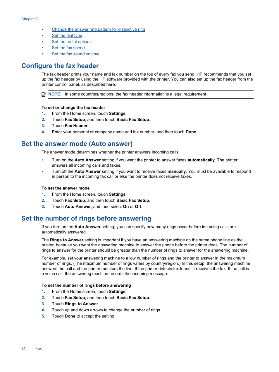 Configure the fax header, Set the answer mode (auto answer), Set the number of rings before answering | HP Photosmart 7520 e-All-in-One Printer User Manual | Page 36 / 102