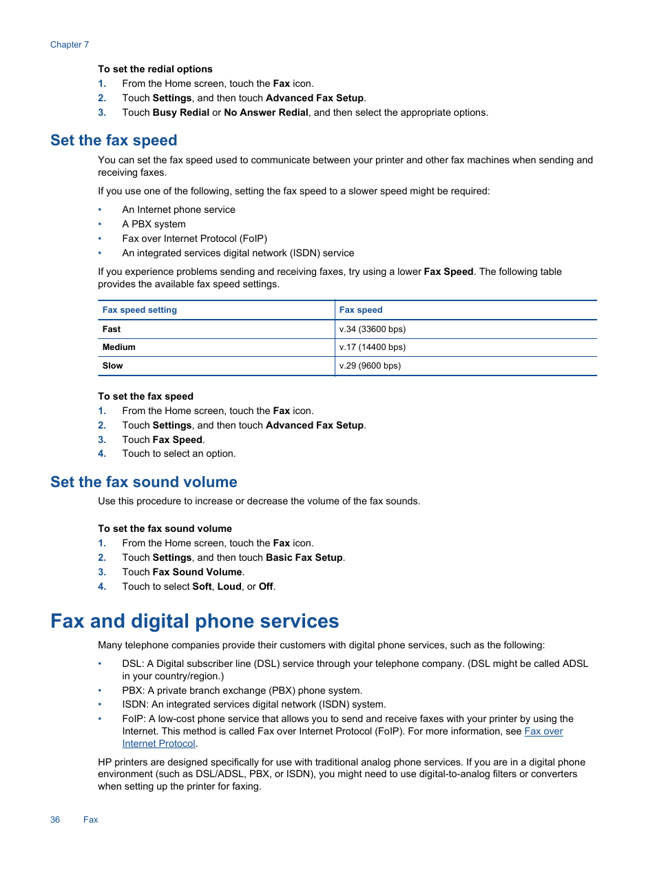 Set the fax speed, Set the fax sound volume, Fax and digital phone services | HP Photosmart 7520 e-All-in-One Printer User Manual | Page 38 / 102