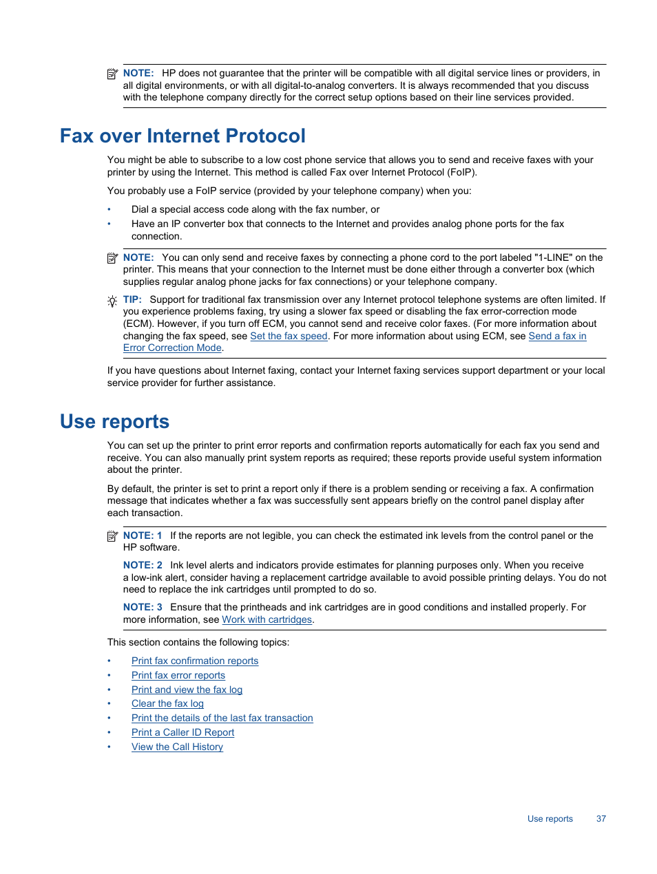 Fax over internet protocol, Use reports, Fax over internet protocol use reports | HP Photosmart 7520 e-All-in-One Printer User Manual | Page 39 / 102