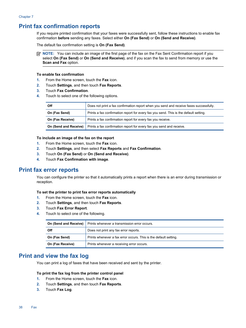 Print fax confirmation reports, Print fax error reports, Print and view the fax log | HP Photosmart 7520 e-All-in-One Printer User Manual | Page 40 / 102