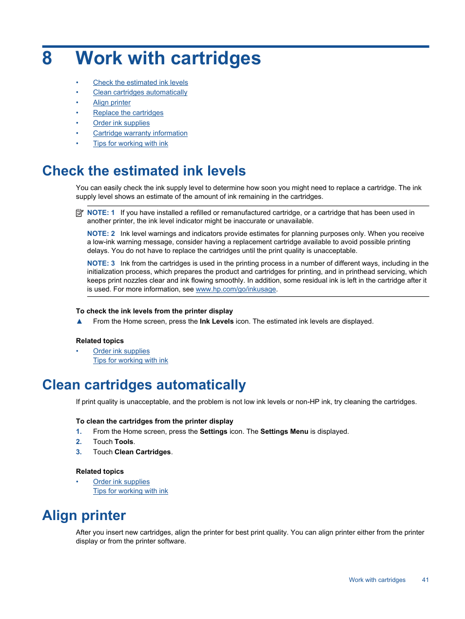 Work with cartridges, Check the estimated ink levels, Clean cartridges automatically | Align printer, 8work with cartridges | HP Photosmart 7520 e-All-in-One Printer User Manual | Page 43 / 102