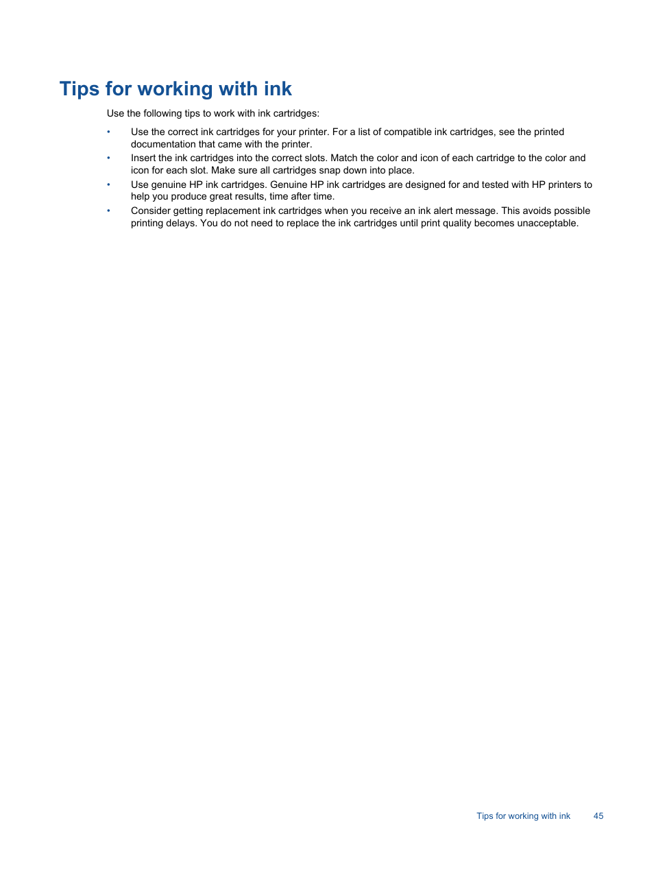 Tips for working with ink | HP Photosmart 7520 e-All-in-One Printer User Manual | Page 47 / 102