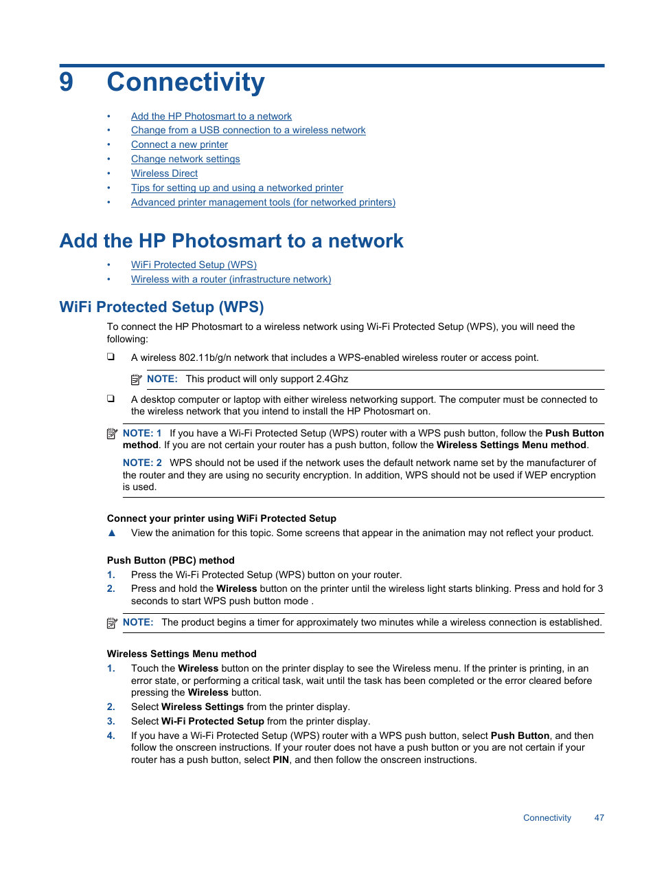 Connectivity, Add the hp photosmart to a network, Wifi protected setup (wps) | 9connectivity | HP Photosmart 7520 e-All-in-One Printer User Manual | Page 49 / 102