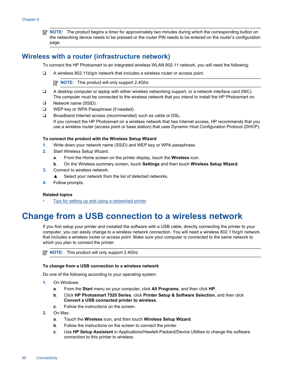 Wireless with a router (infrastructure network), Change from a usb connection to a wireless network | HP Photosmart 7520 e-All-in-One Printer User Manual | Page 50 / 102