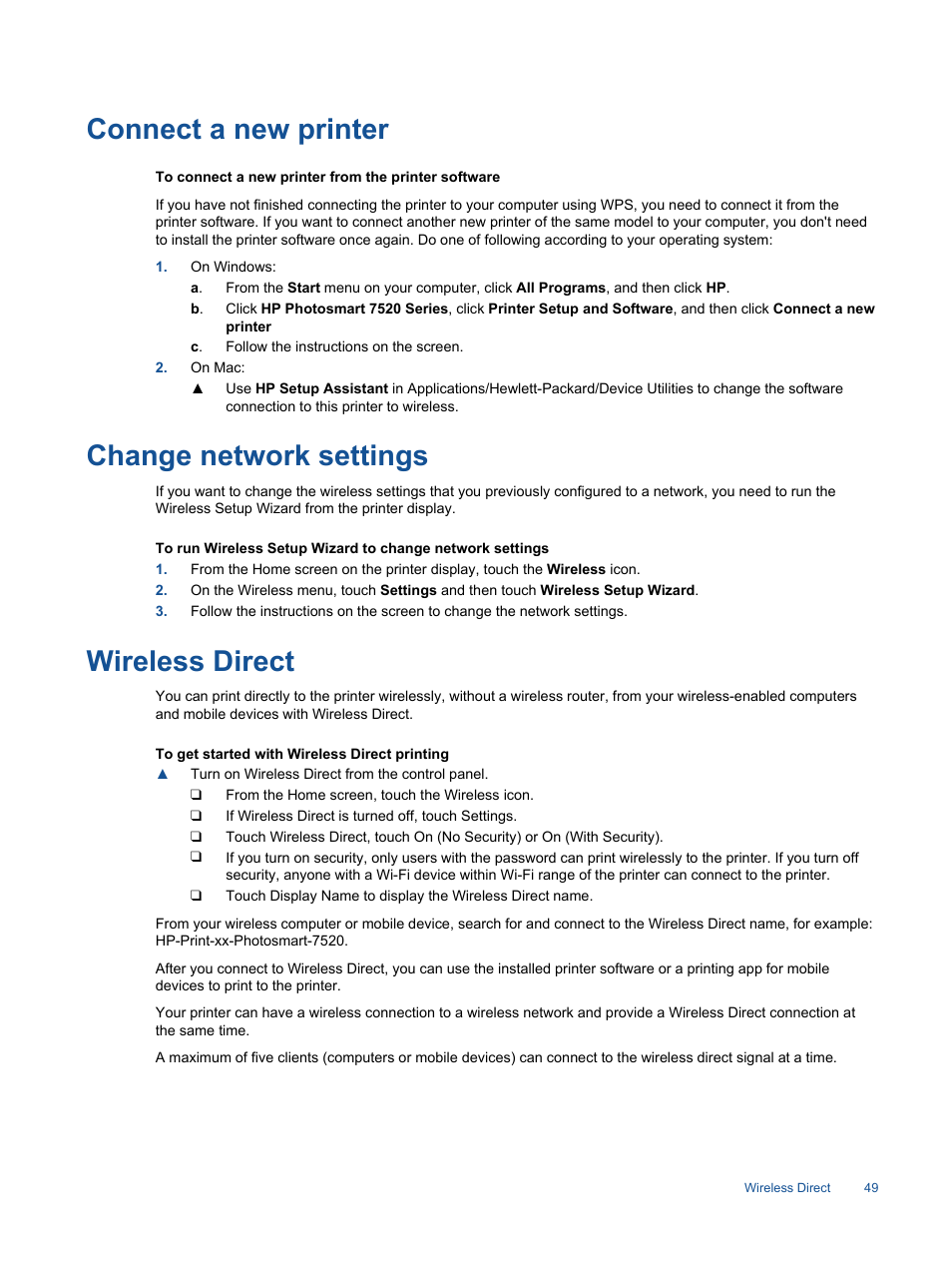 Connect a new printer, Change network settings, Wireless direct | HP Photosmart 7520 e-All-in-One Printer User Manual | Page 51 / 102