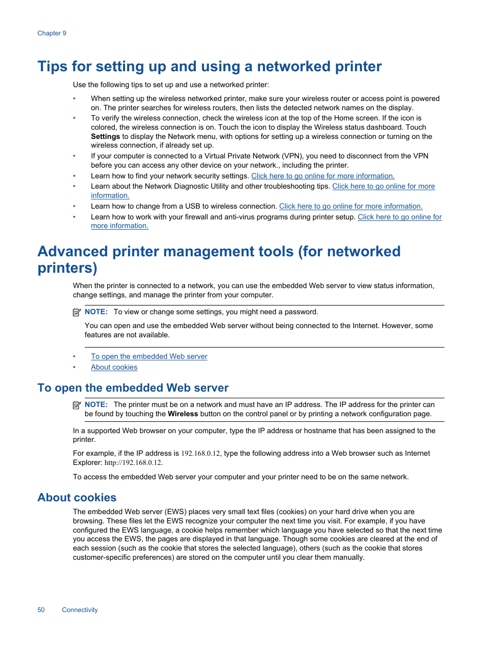 Tips for setting up and using a networked printer, To open the embedded web server, About cookies | HP Photosmart 7520 e-All-in-One Printer User Manual | Page 52 / 102