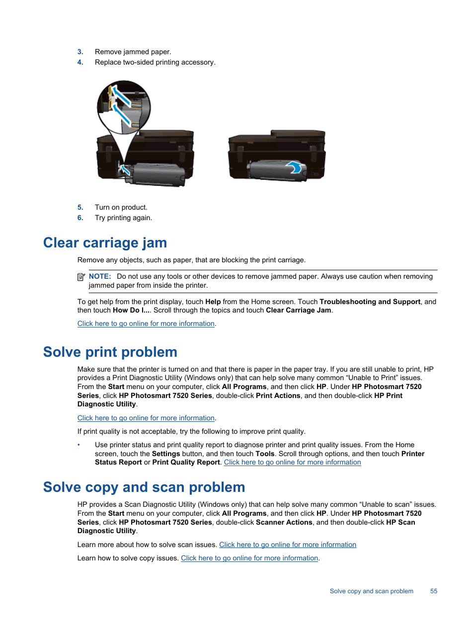 Clear carriage jam, Solve print problem, Solve copy and scan problem | HP Photosmart 7520 e-All-in-One Printer User Manual | Page 57 / 102