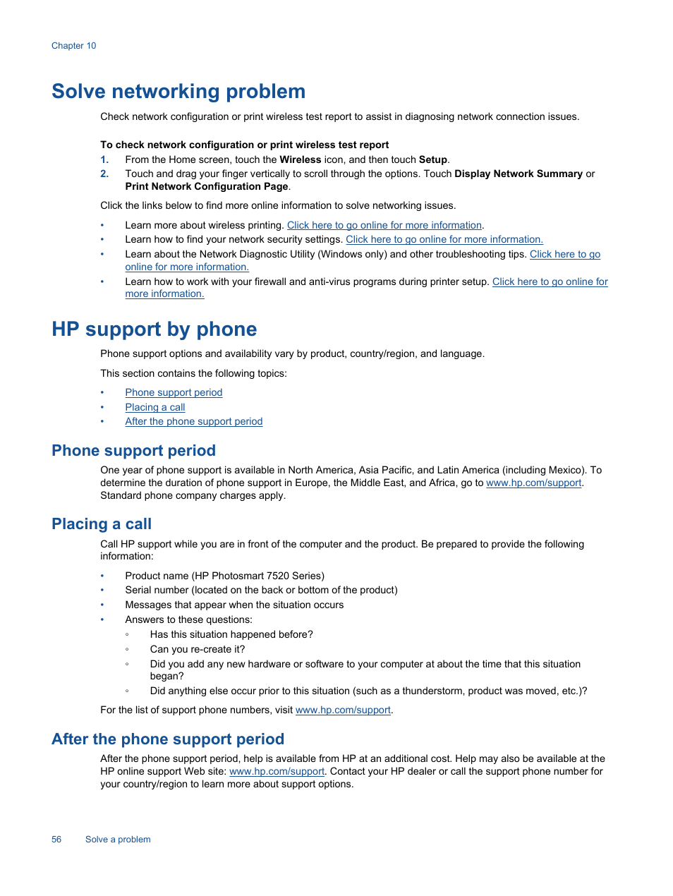 Solve networking problem, Hp support by phone, Phone support period | Placing a call, After the phone support period, Solve networking problem hp support by phone | HP Photosmart 7520 e-All-in-One Printer User Manual | Page 58 / 102